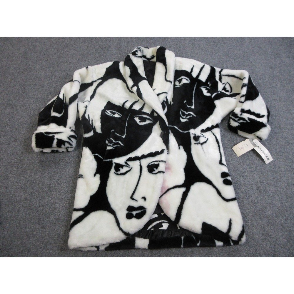 Vintage Donnybrook Coat Womens Large Black‎ White Faux Fur Picasso Faces Rihanna